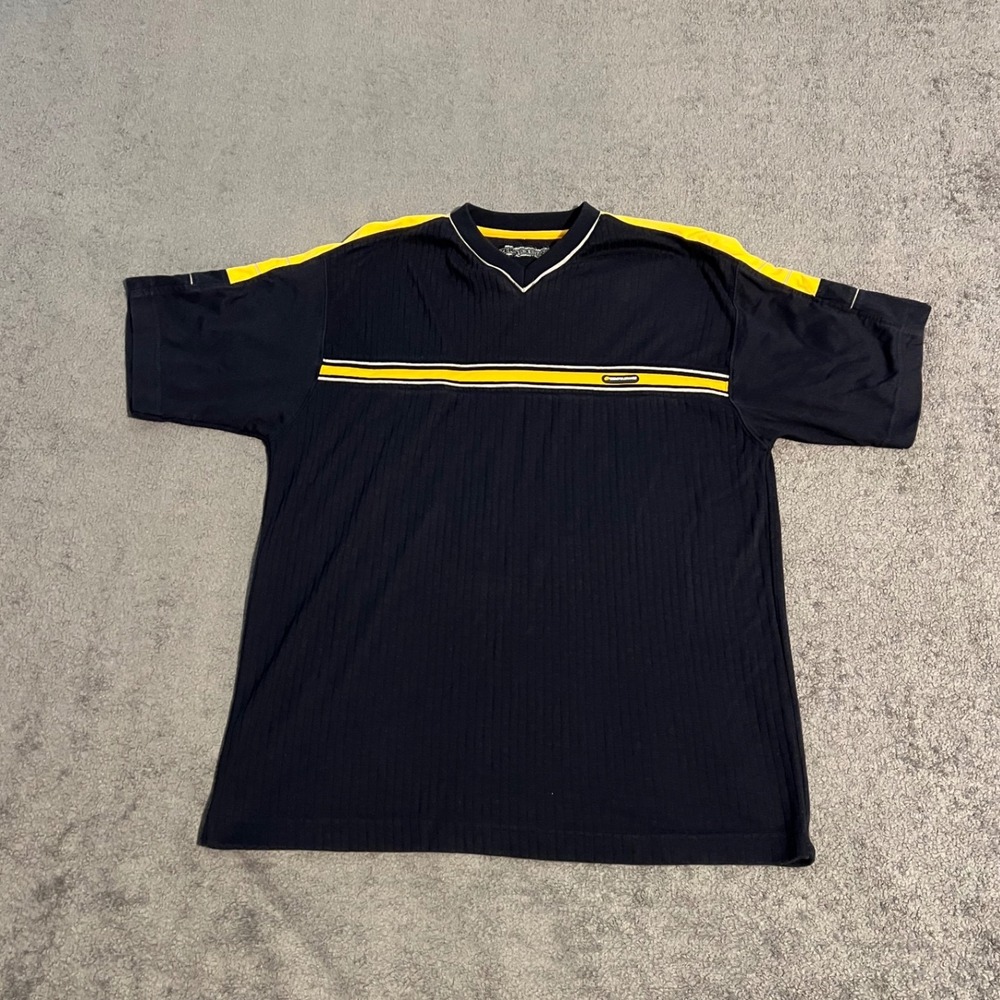 Vintage Y2K Zero Tolerance Mens Shirt Navy Blue Yellow Stripe Streetwear M